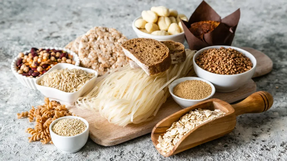 Glutenfri mad og bagning – en smuk opsætning af friskbagt glutenfrit brød, glutenfri mel og diverse glutenfrie fødevarer.