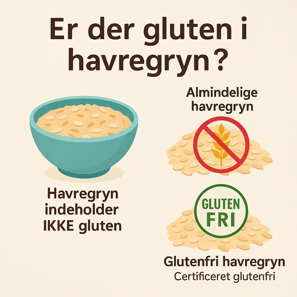 Illustration af havregryn og glutenfrit symbol med teksten "Er der gluten i havregryn?"
